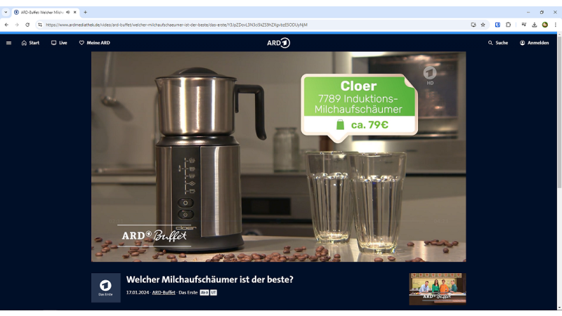 Milchaufschäumer XL800 im ARD Buffet am 17. Januar 2024