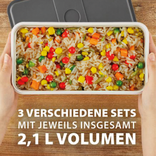 Das Bild zeigt die eine Cloer Lunchbox gefüllt mit einem Gemüse-Reis-Gericht.