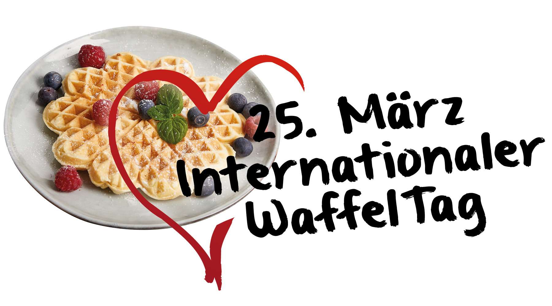 Das Bild zeigt das Logo 25. März Internationaler Waffeltag mit einem gezeichneten Herz und im Hintergrund einen Teller mit einer Herzwaffel. 