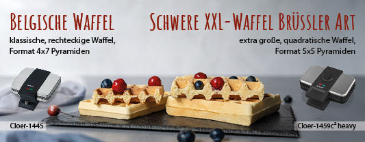 Das Bild zeigt zwei verschiedene Belgische Waffeln, im Vergleich dünn und dick mit Kirschen und Beeren.